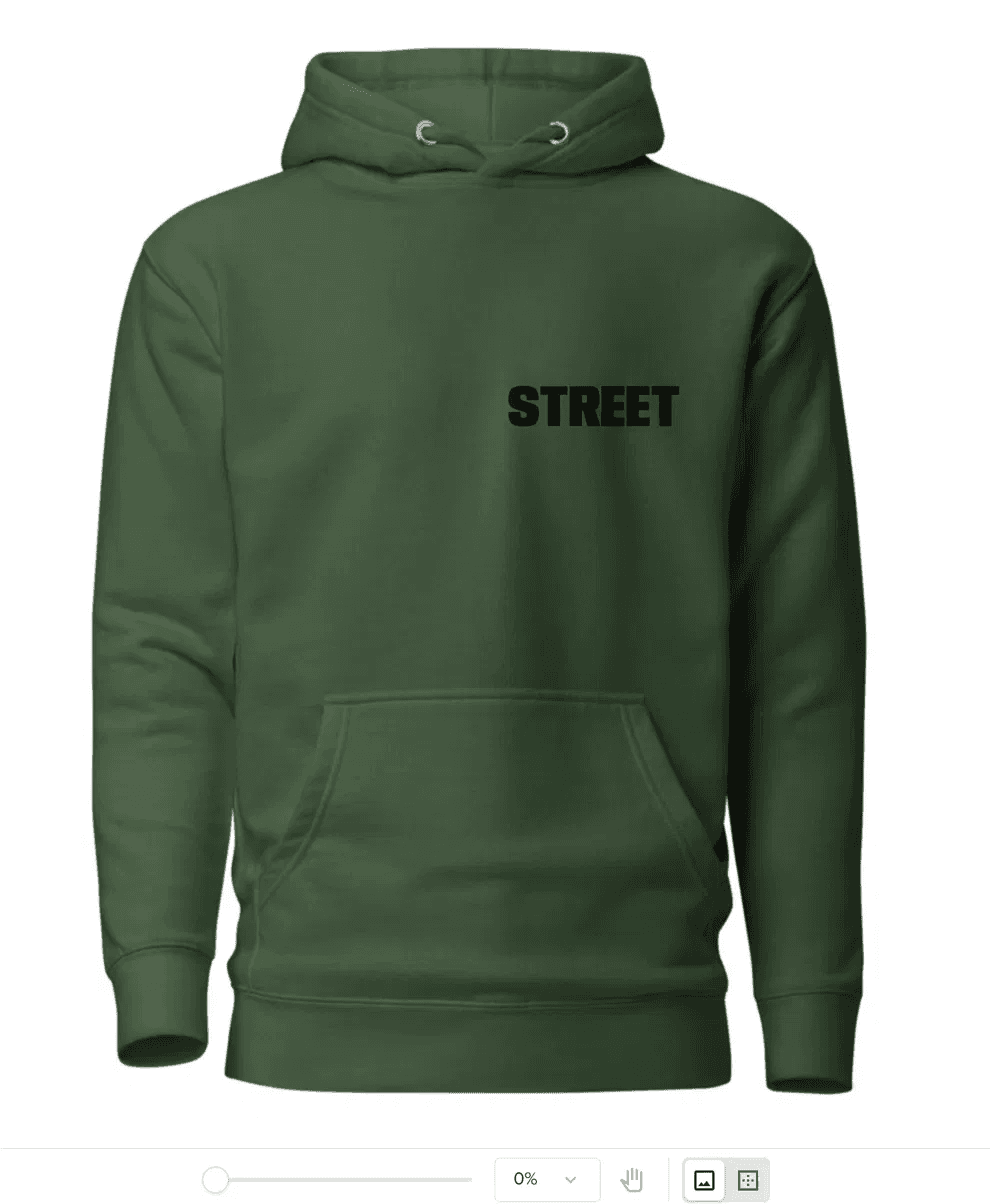 Front of the forest green STREET hoodie with black chest print